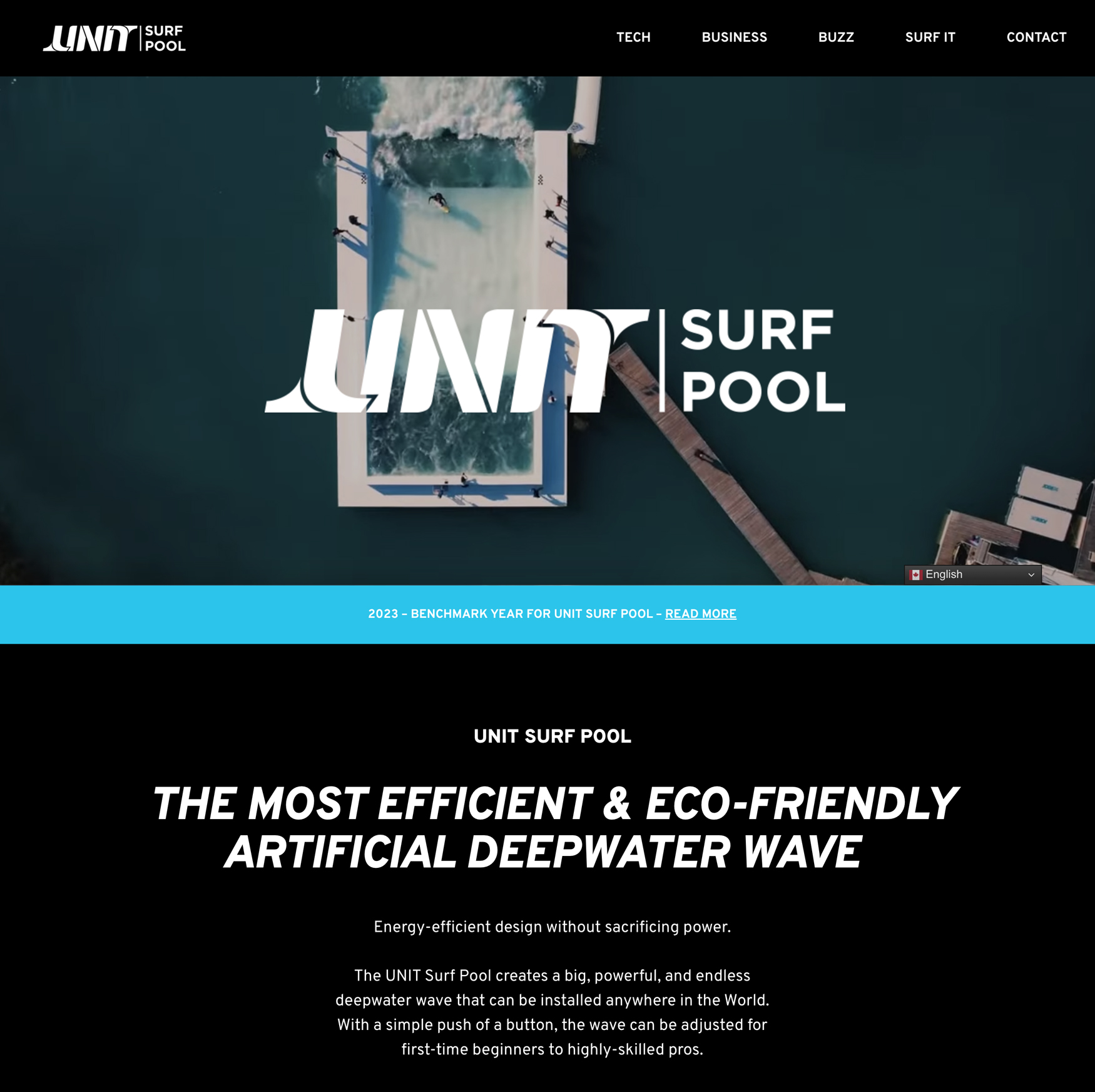 Unit surf pool website landing page designed and built by waves and water